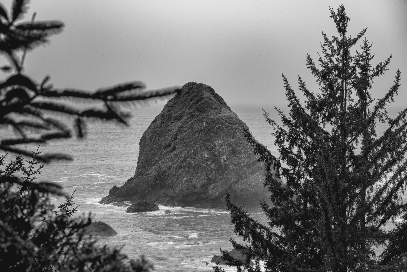 a black and white photo of a rock in the ocean